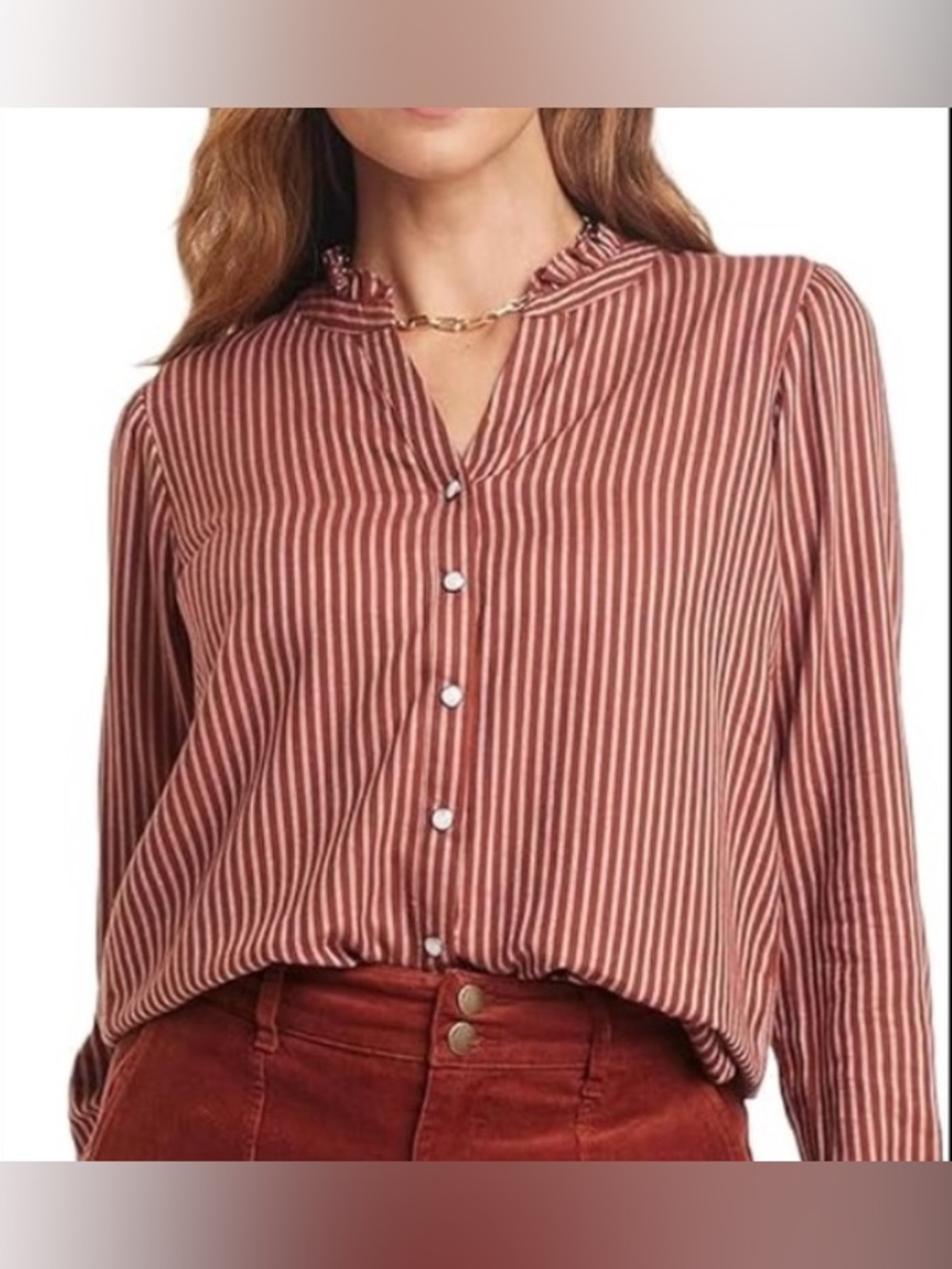 Knox Rose Striped Ruffle Neck Pearl Snap Button Blouse Size Medium